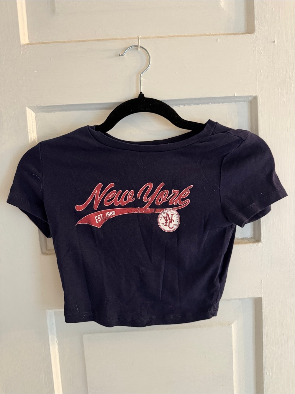 Garage Navy Crop Tee with Red New York Graphic